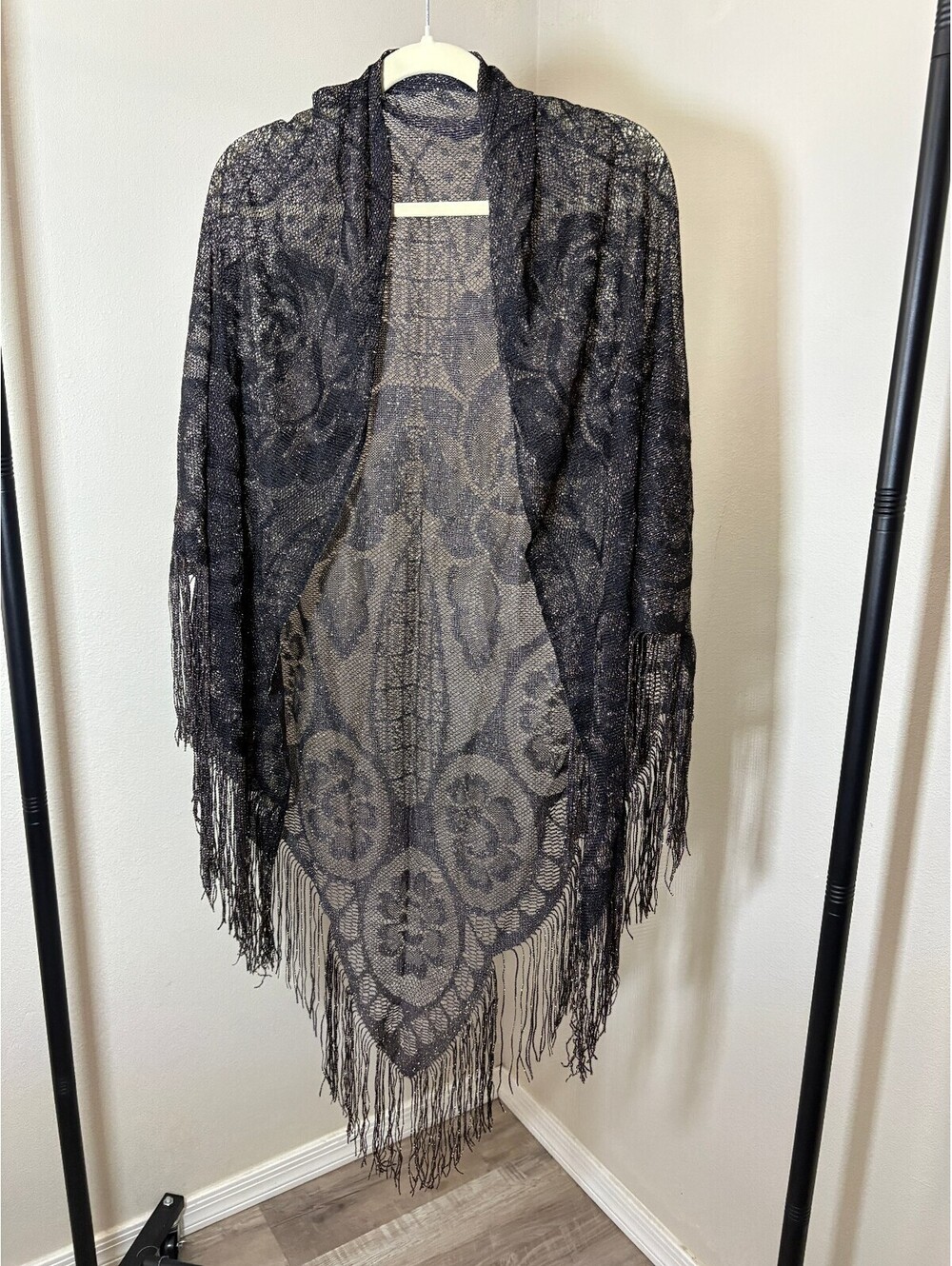 Black Sheer Shawl Scarf with Fringe and Metallic Gold Lurex Accents